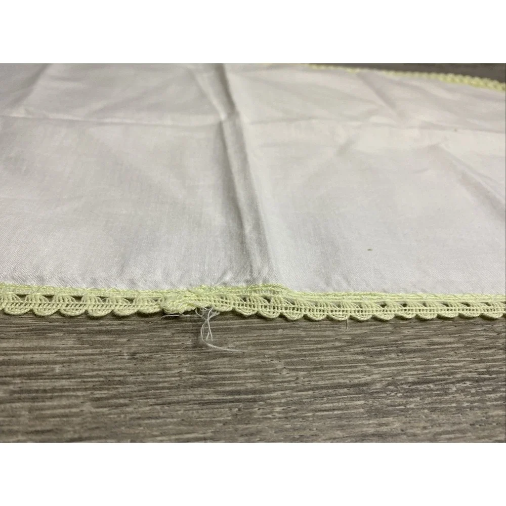 White Dresser Scarf w Yellow Crocheted Trim & Green Embroider Floral Print 26x12